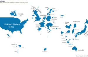 Mapa świata pokazująca państwa i ich rozmiar odpowiadający wielkości ich giełd