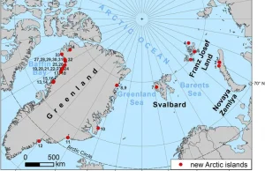 Od połowy XX w. w Arktyce powstały 34 nowe wyspy o pow. większej niż 0,5 km²