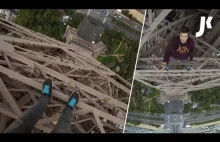 Nielegalna wspinaczka na wieżę Eiffla w Paryżu