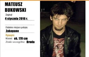 Mateusz Bukowski zaginął. Ostatnio widziany w Zakopanem