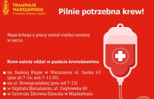 Pracownik Tramwajów Warszawskich raniony nożem w serce. Potrzebna krew!