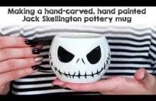 Making a pottery, carved, hand-painted Jack Skellington mug...