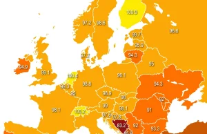 IQ w krajach Europy, dokładna mapa (2012)