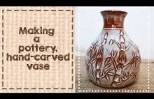 Making a pottery, hand-carved vase / Wheel throwing, carving, burning and...