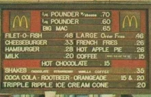 Menu McDonalda z lat 70