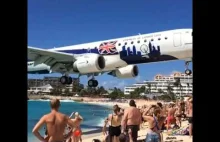 Ekstremalnie niski przelot nad niesławną plażą Maho na wyspie St Maarten