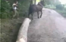 Wieśniak bije konia biczem.