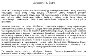 Oświadczenie firmy PZL Świdnik