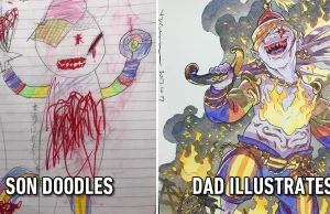 Ojciec przerabia szkice dziecka w postacie z bajek.