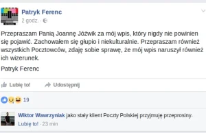 Patryk Ferenc przeprasza Joannę Jóźwik za swój wpis na Facebooku