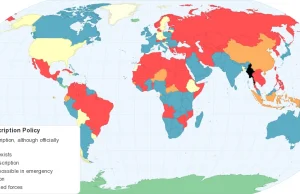 Obowiązkowa służba wojskowa w krajach świata- mapa (ang.)