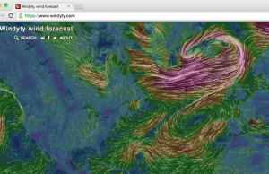 Windyty - strona z mapą aktualnych wiatrów na świecie. Atrakcyjna wizualnie