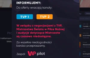 TVP1 i TVP2 znów dostępne w WP Pilot, ale bez transmisji z mundialu