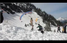 Paralotniarz na nartach cudem unika zderzenia z dziewczyną w bikini