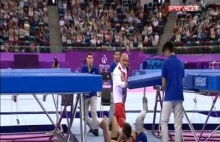 Polak Bartłomiej Hes złapany w ostatnim momencie.Baku 2015.Skoki trampolina