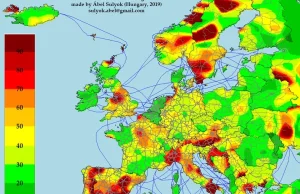 Średni czas oczekiwania na złapanie stopa nałożony na mapę Europy