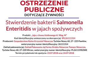 Ostrzeżenie publiczne dotyczące żywności: Stwierdzenie bakterii Salmonella...