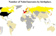 Liczba nagród Nobla w stosunku do miejsca urodzenia laureata [MAPA]
