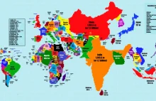 Mapa polityczna świata wyskalowana według wielkości zaludnienia krajów.