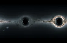 Symulacja widoku kosmosu usytuowanego pomiędzy dwiema czarnymi dziurami w 360°