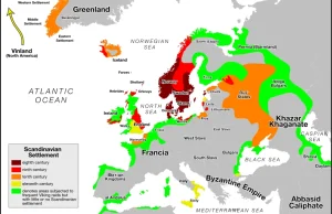Skandynawskie osadnictwo w Europie w czasach Wikingów- mapa (ang.)