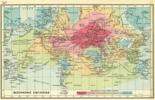 Angielska mapa z 1914 informująca o czasie podróży w dane miejsca na świecie.