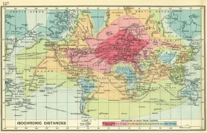 Angielska mapa z 1914 informująca o czasie podróży w dane miejsca na świecie.