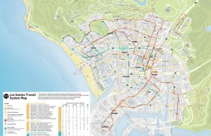 Mapa i schemat sieci komunikacji miejskiej w Los Santos (Grand Theft Auto V).