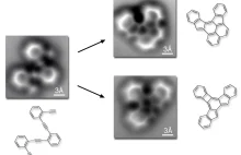 Zdjęcie molekuły ukazujące atomy i wiązania przed i po reakcji chemicznej