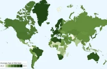 Średnia wieku osób zawierających małżeństwo według państw - mapka