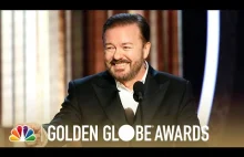 Ricky Gervais wygłasza "płomienny" monolog podczas rozdania Złotych Globów 2020.