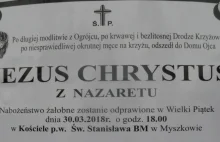 Klepsydra Jezusa Chrystusa na tablicy z nekrologami w Myszkowie