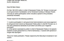 List Maxa do szefa Axel Springer, na temat udziału Lisa w manifestacji pod Sejme