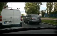 Kierowca pomaga psu przejśc przez droge