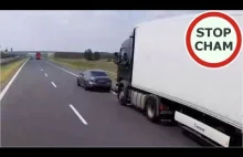 Ostre hamowanie kierowcy Mercedesa przed ciężarówkami na autostradzie A2