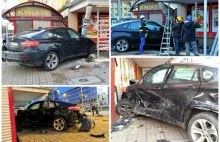 Szczecin: Wypadek na Bramie Portowej. Kradzione BMW wjechało w sklep.