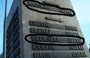 Obelisk w centrum Warszawy pokazujący odległości do stolic europejskich