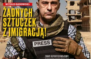 Gadowski na okładce "Sieci" jako korespondent wojenny na tle stockowego zdjęcia