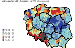 Mapa skali emigracji z Polski w latach 2002-2016 według powiatów