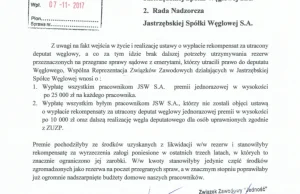 Pismo w sprawie premii dla pracowników i emerytów JSW SA