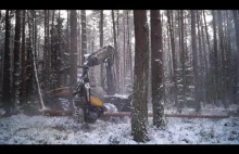 Piękna praca w lesie zimą, praca harvesterem Ponsse