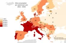 Spożycie wina/osobę w Europie (na rok 2010r.)