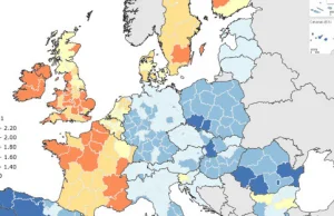 Mapa przedstawia współczynnik dzietności w Europie.