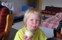 Dziewczynka dzielnie zmaga się z cebulą...
